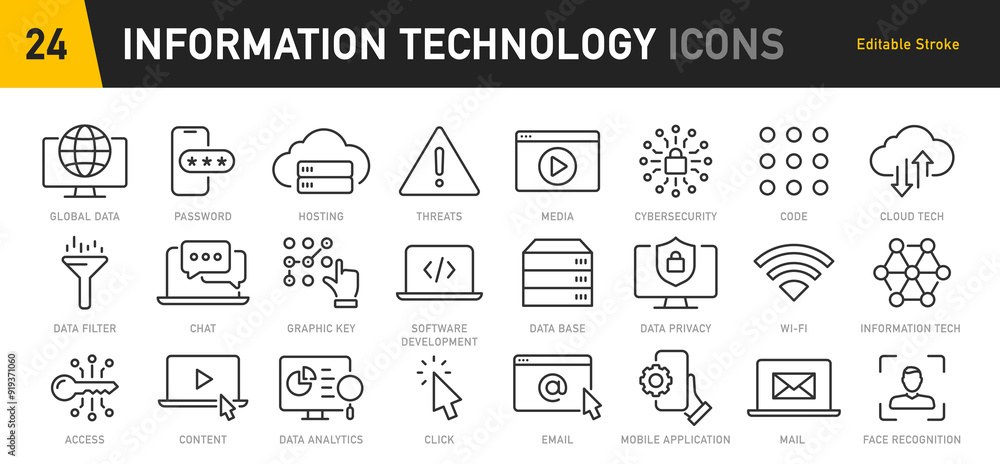 Poster information technology web icon set in line style. network, web design, website, computer, software,
