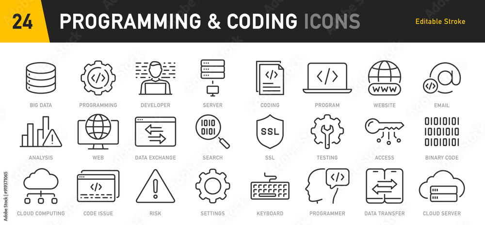 Poster Programming and coding web icons in line style. Information technology, developer, idea, advertising, app, archive, collection. Vector illustration.