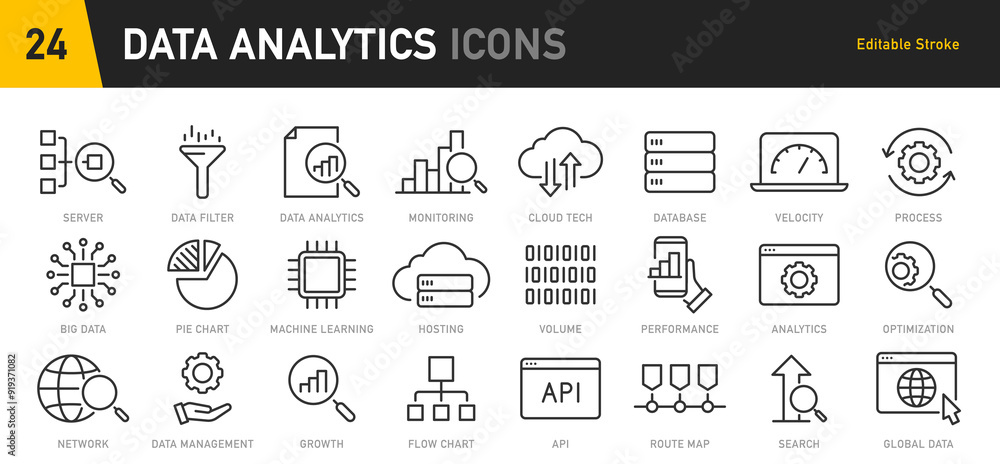 Poster data analytics web icon in line style. graphs, analysis, big data processing, growth, statistics, an