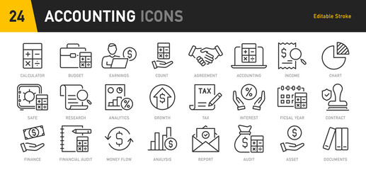 Accounting web icon in line style. Assessment, calculator, check mark, auditing, inspection, investment, calculation, analytics, collection. Vector illustration.