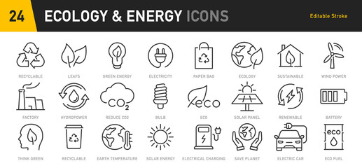 Ecology and Energy web icons in line style. Nature green, electric car, organic, renewable energy, green technology, environmental energy collection. Vector illustration.