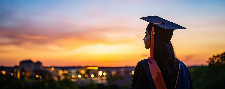 Dreaming Beyond: Profile Silhouette of University Graduate in Cap Gazing at Future Aspirations on Campus at Sunset with Copy Space