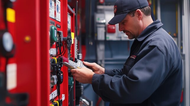 Generate a photo realistic image of technicians testing fire safety equipment, such as fire alarms, smoke detectors, and fire suppression systems; ensure the image is of high resolution 