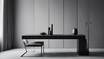 A sleek and modern minimalistic interior design composition featuring textured grey wall panels and a simple black side table, creating a calm and sophisticated atmosphere.