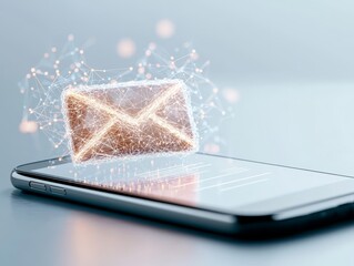 Smartphone with floating digital envelope icons representing email communication. Modern technology and online messaging concept