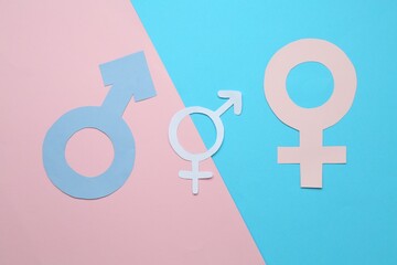 Gender equality concept. Male and female symbols on color background, flat lay