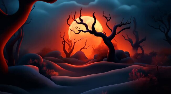 Surreal forest with twisted, leafless trees under an orange-red glowing full moon creating an eerie and dramatic night scene.