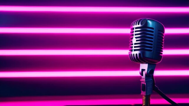 Studio microphone, podcast and entertainment concept, purple neon light background.