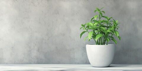 A green potted plant is beautifully contrasting a minimalist gray background, giving a fresh and modern look.