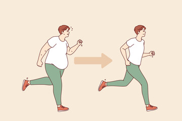 Transformation of fat man turning into thin person, thanks to morning jogging and sports activities. Transformation and weight loss of guy getting rid of excess weight without liposuction and surgery
