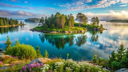 Fototapeta premium Serene Finnish archipelago scene featuring a lush green island with trees and wildflowers surrounded by calm turquoise water and a misty horizon.