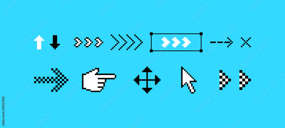 Poster arrow set in pixel art. pointing hand click icon. cursor icon click. pixels elements set in the mood