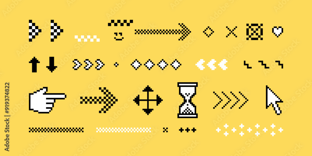 Poster arrow and cursors icons click set in pixel art. pixels elements set in the mood of 90's aesthetics. 