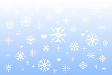 Pixel winter sky background. Snowflakes pattern in pixel art. Sparkling star, heart. Mood of 90's aesthetics. 8-bit retro style pixelated vector illustration. Simple geometric form