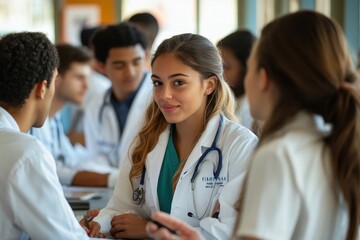 Obraz premium Group of Medical Students Analyzing Case Study Together in Study Room