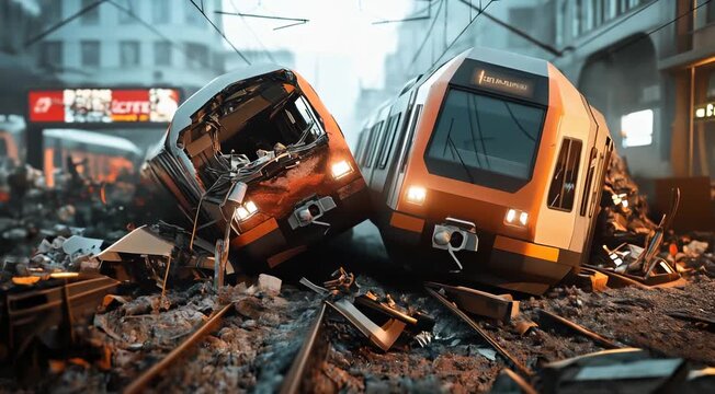 Two train carriages have collided in the midst of a city, surrounded by debris and wreckage on the railway tracks.