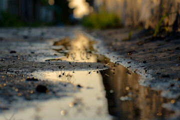 Mosquitoes Breeding in Urban Puddle at Sunset
