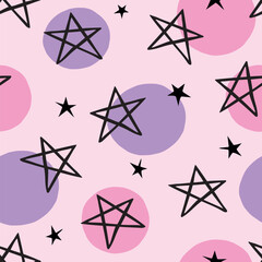 Hand drawn grunge seamless pattern. Pink purple background. Abstract doodle drawing pentagram. Vector art illustration stars