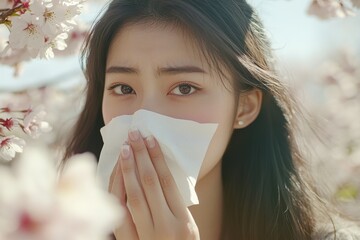 Symptoms of allergic rhinitis as seen in close-up of a woman sneezing and holding a tissue