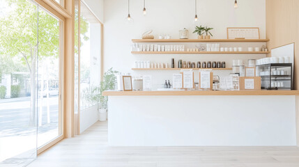 A small cafe with wood-like tile flooring. White counter nordic style.