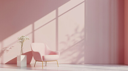 Sunlit pink armchair in minimalist interior with pink room décor