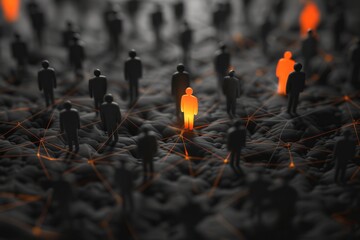 Unique individuals stand out in a connected crowd with glowing figures. Abstract visual representing individuality and human connection. Dark background contrasts warmly lit figures, emphasizing