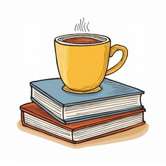 Naklejka premium Cup of tee or coffee on a stack of books. Hand drawn vector illustration isolated on white background.