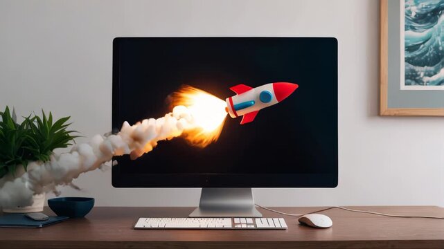 Toy rocket taking off from a computer monitor, startup and technology concept.