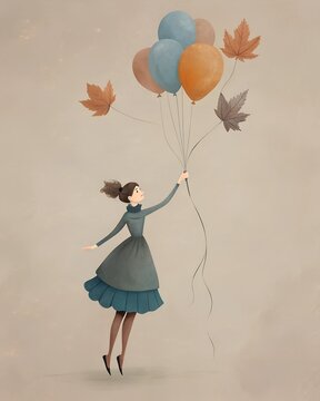 Girl with balloons and autumn leaves. Illustration in retro style.
