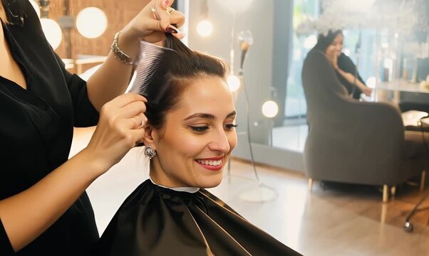 Medium shot video of professional hairstylist creating a trendy haircut for a happy client in modern hair salon