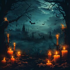 A spooky scary forest with pumpkins, bat, candels, moon on a scary halloween night