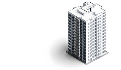 Isometric view of a high-rise residential building on a white background, 3D render with high detail in a photorealistic style.