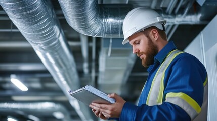 Generate a photo realistic image of ventilation engineers assessing workplace air quality and ventilation systems, with airflow measurements and ventilation diagrams visible