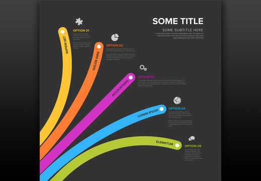 Diagonal dark Infographics template with various diversity options numbers icons and descriptions on color lines