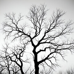 Obraz premium Leafless Oak tree branches silhouette. Black and white. Natural oak tree branches silhouette on a white background. Silhouettes of a dark gloomy forest with textured trees on a gray white background.