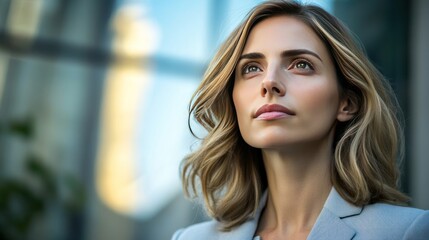 Fototapeta premium A young woman with blonde hair looks up thoughtfully, standing in front of a blurred city background.