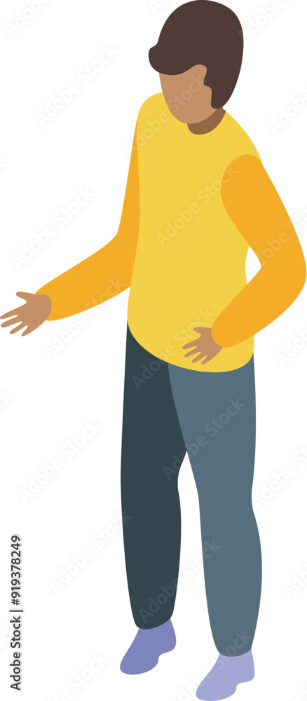 Poster young man is standing and gesturing with his hand as if explaining something