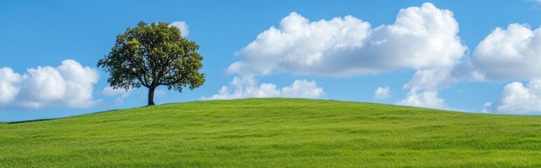 Fototapeta premium In a clear blue sky, a single tree stands alone in a green field