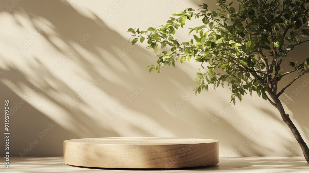 Aufkleber using natural abstract lighting and a beige wall background to present your product on an empty rust