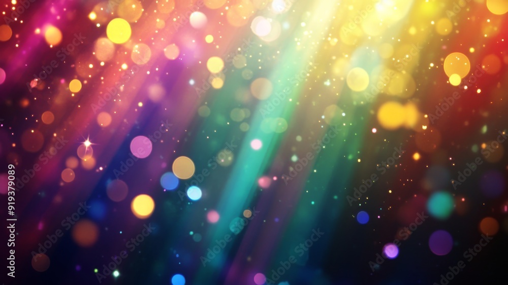 Poster a golden rainbow light background with sparkling bokeh