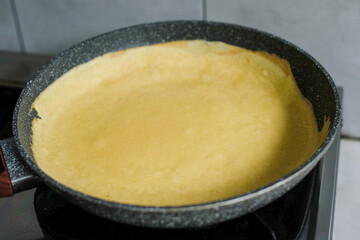Making pancakes on frying pan in kitchen interior, preparation breakfast food, preparing pancakes.