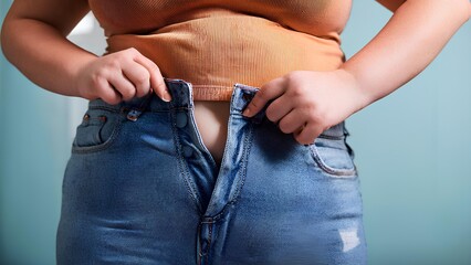 Concept: weight loss, diet, fight against excess weight. A fat girl stands in small pants.