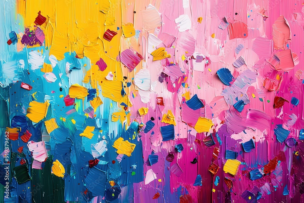 Poster a vibrant abstract painting featuring bold colors and dynamic brushstrokes, creating a lively and en