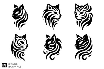 Obraz premium set of tribal flame cat head tattoo Graphic Design Elements Vector Silhouette Clip Art Black and White Illustrations