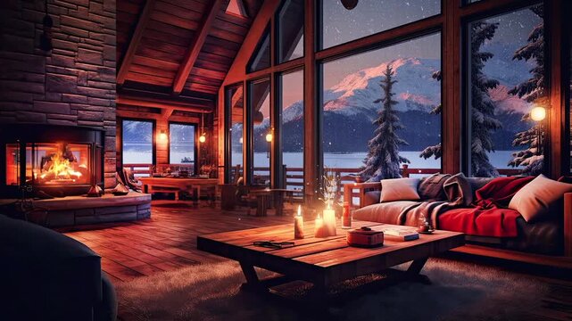 Animated virtual backgrounds, cozy lofi living room with fireplace with winter forest view from window