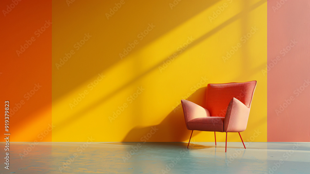 Poster modern design concept with a pink armchair casting shadows on a vibrant wall in a minimalist interio