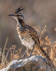 Greater Roadrunner Bird Perched on Rock Desert Wildlife Feathered Crest Long Tail Arid Landscape Natural Habitat Predator Bird Species Profile View