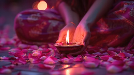 Elegant Diya Lighting Ceremony with Rose Petals and Henna-Adorned Hand, Capturing Diwali the Essence of a Traditional Indian Festival