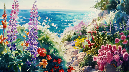 Lush watercolor of a coastal garden, vibrant coastal flowers, ocean backdrop, soft sunlight ,Ultra-High Detail, Ultra-Realistic