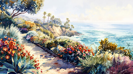 Obraz premium Lush watercolor of a coastal garden, vibrant coastal flowers, ocean backdrop, soft sunlight ,Ultra-High Detail, Ultra-Realistic